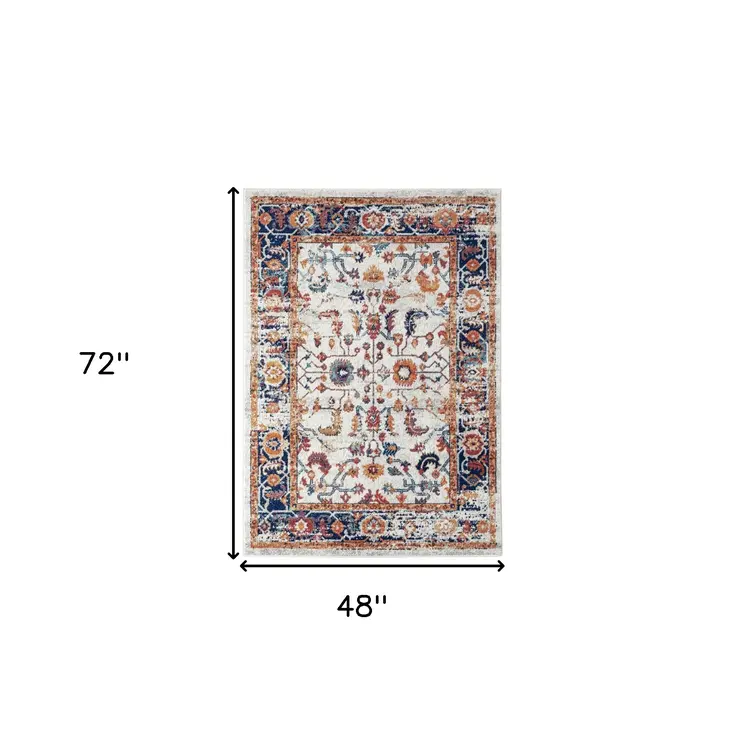 4' X 6' Ivory Navy and Orange Floral Power Loom Area Rug