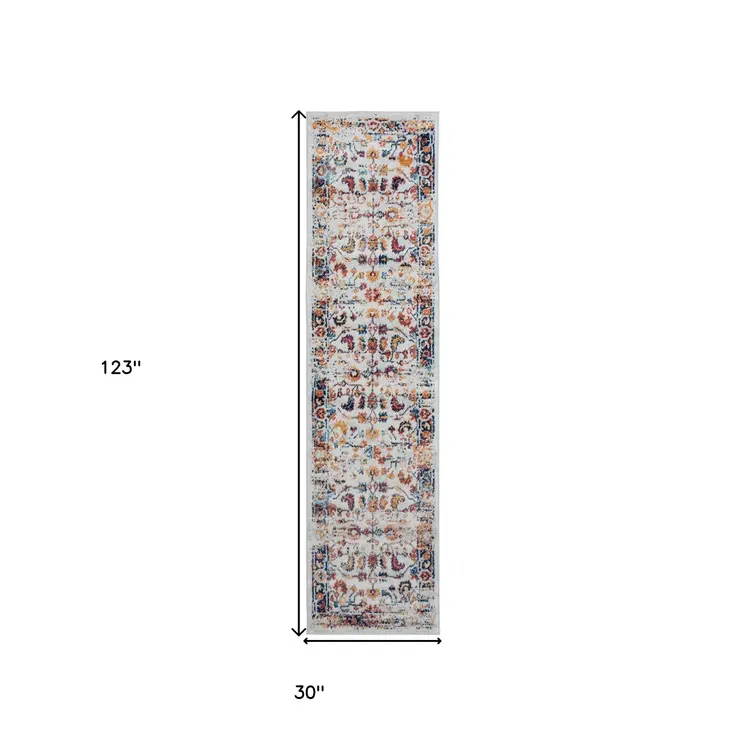 10' Ivory Navy and Orange Floral Power Loom Runner Rug