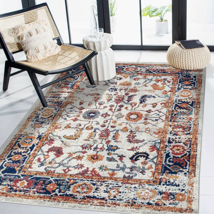 5' X 8' Ivory Navy and Orange Floral Power Loom Area Rug