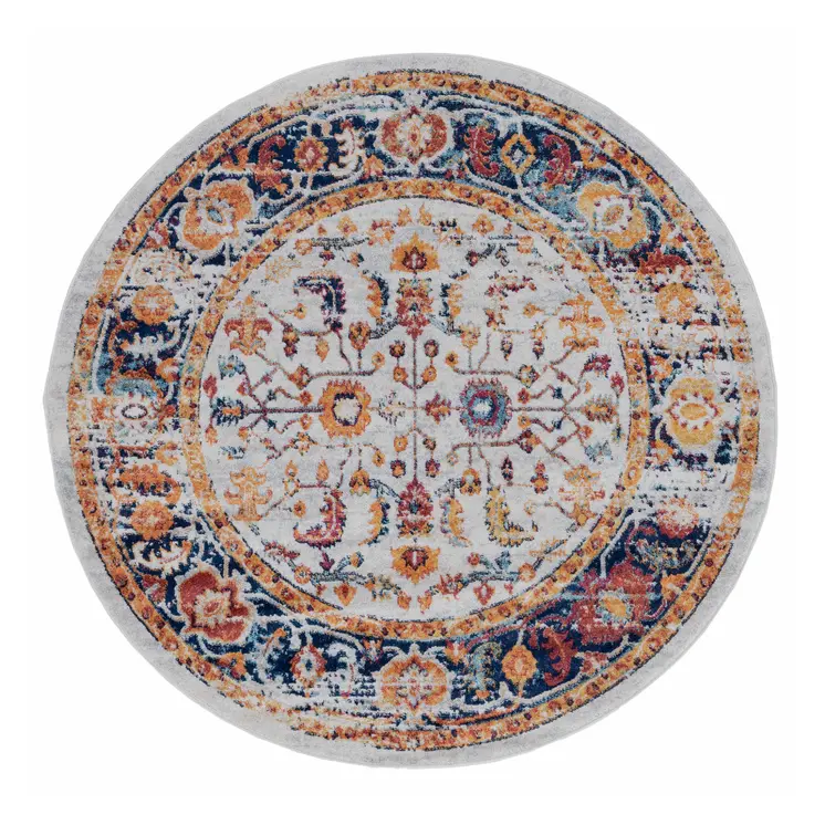 6' Ivory Navy and Orange Floral Power Loom Round Rug