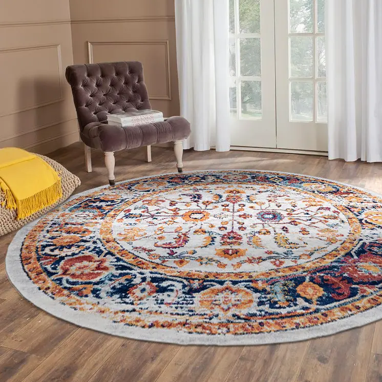 6' Ivory Navy and Orange Floral Power Loom Round Rug