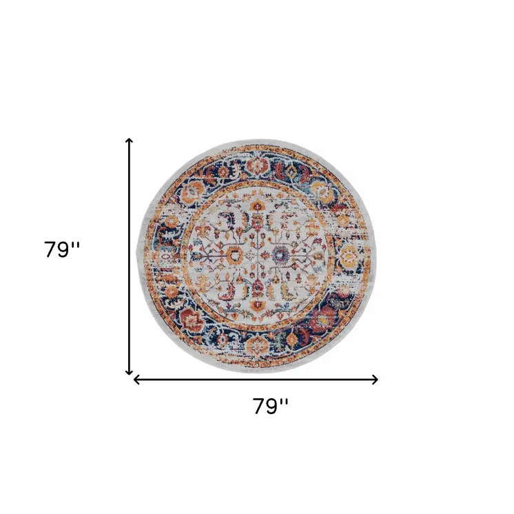 6' Ivory Navy and Orange Floral Power Loom Round Rug