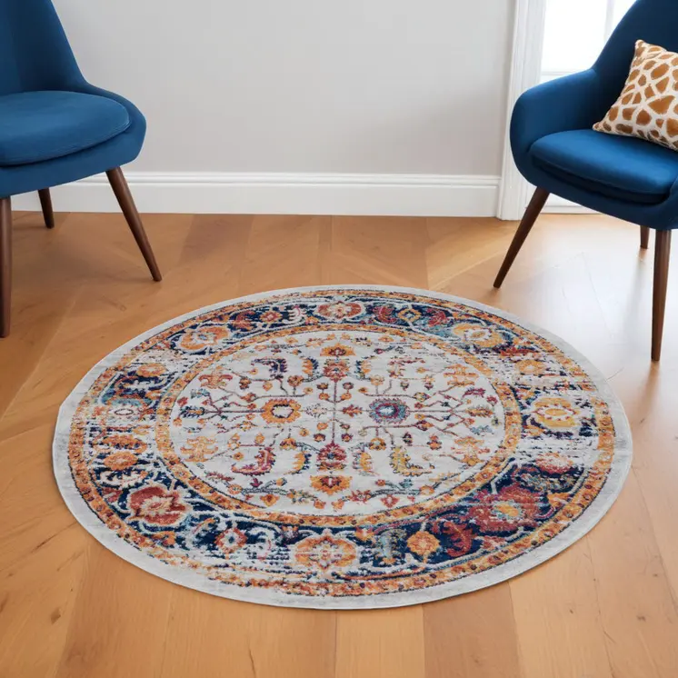 6' Ivory Navy and Orange Floral Power Loom Round Rug