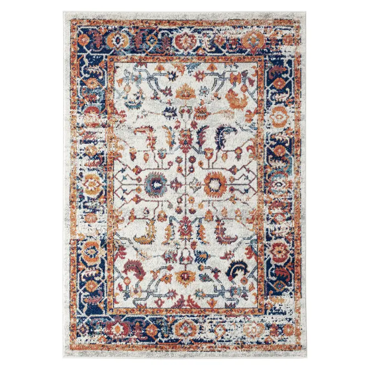 9' X 12' Ivory Navy and Orange Floral Power Loom Area Rug
