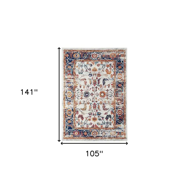 9' X 12' Ivory Navy and Orange Floral Power Loom Area Rug