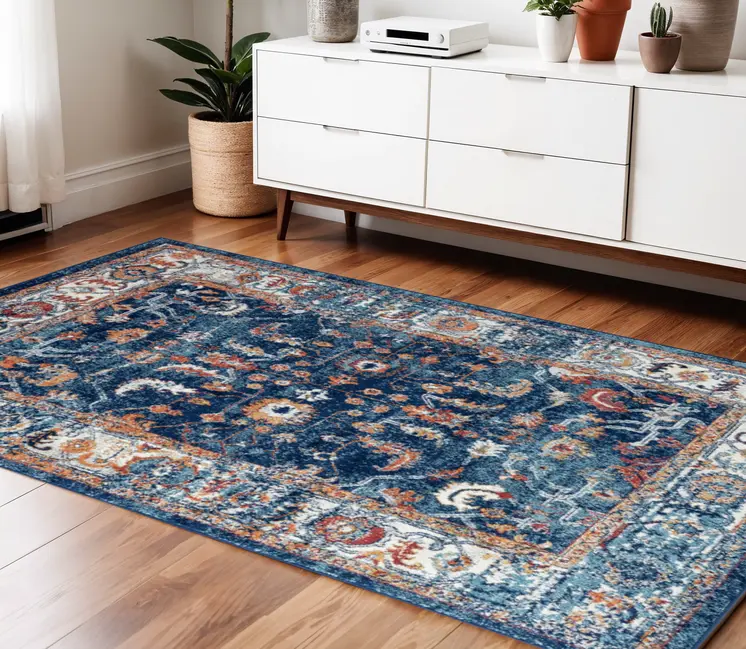 4' X 6' Blue Rust and Orange Floral Power Loom Area Rug