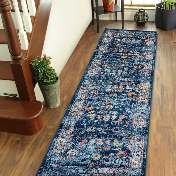 10' Blue Rust and Orange Oriental Power Loom Runner Rug