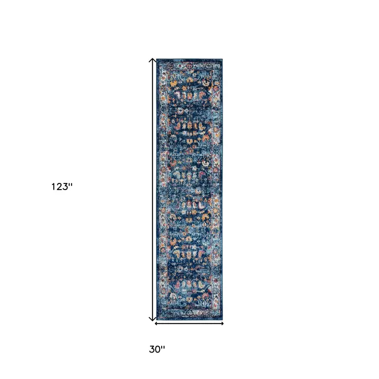 10' Blue Rust and Orange Oriental Power Loom Runner Rug