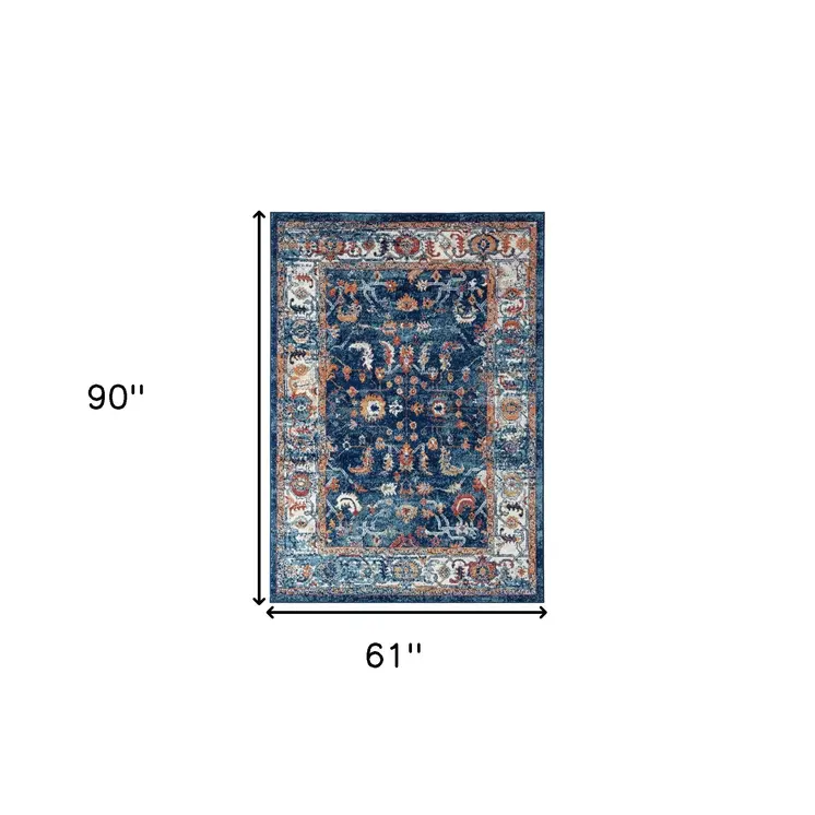 5' X 8' Blue Rust and Orange Oriental Power Loom Area Rug