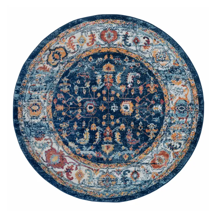 6' Blue Rust and Orange Oriental Power Loom Round Rug