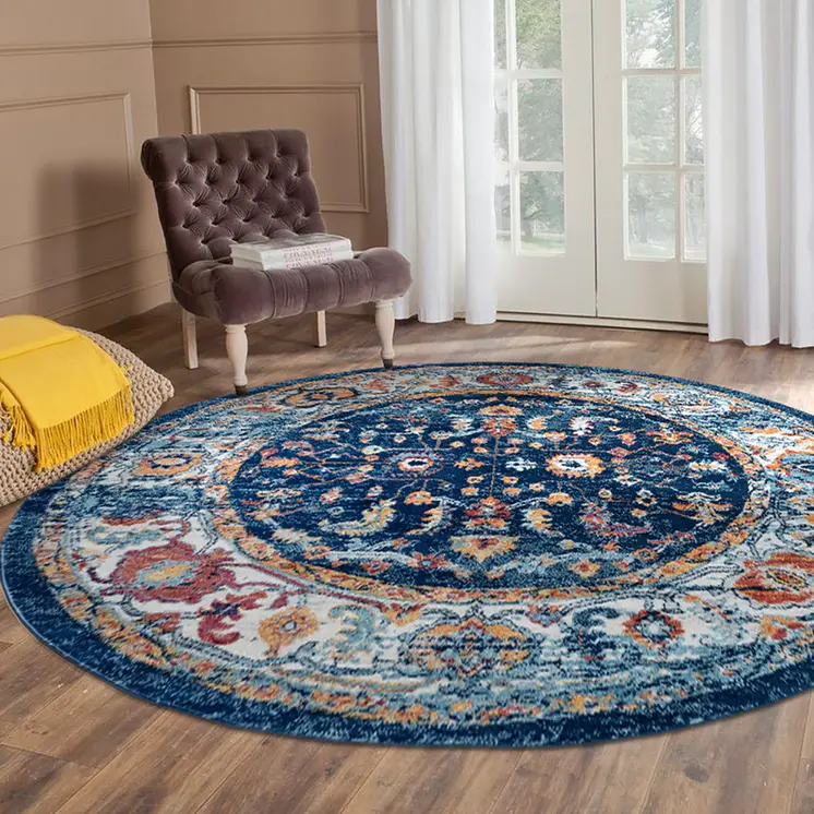 6' Blue Rust and Orange Oriental Power Loom Round Rug