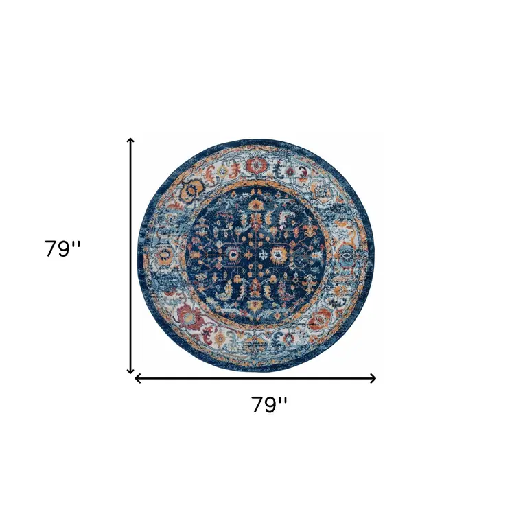 6' Blue Rust and Orange Oriental Power Loom Round Rug
