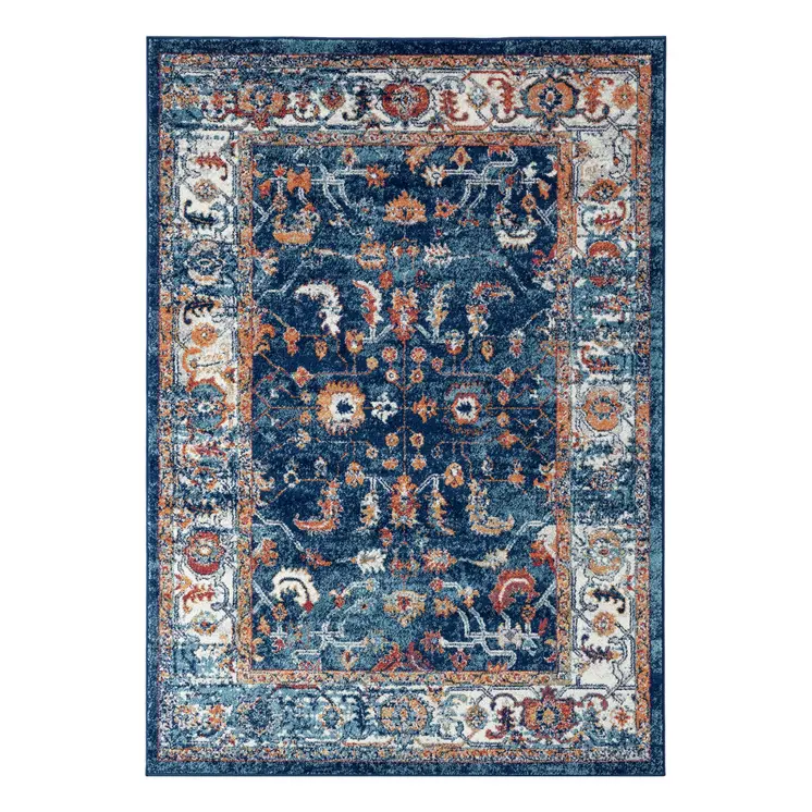 9' X 12' Blue Rust and Orange Oriental Power Loom Area Rug