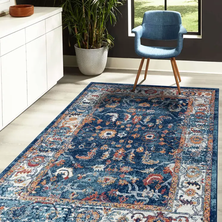 9' X 12' Blue Rust and Orange Oriental Power Loom Area Rug