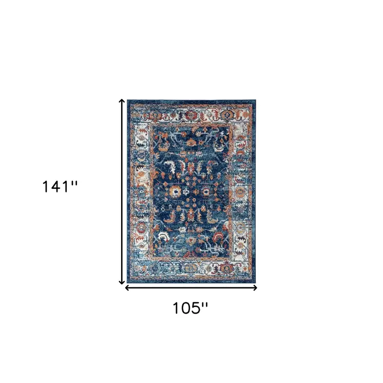 9' X 12' Blue Rust and Orange Oriental Power Loom Area Rug