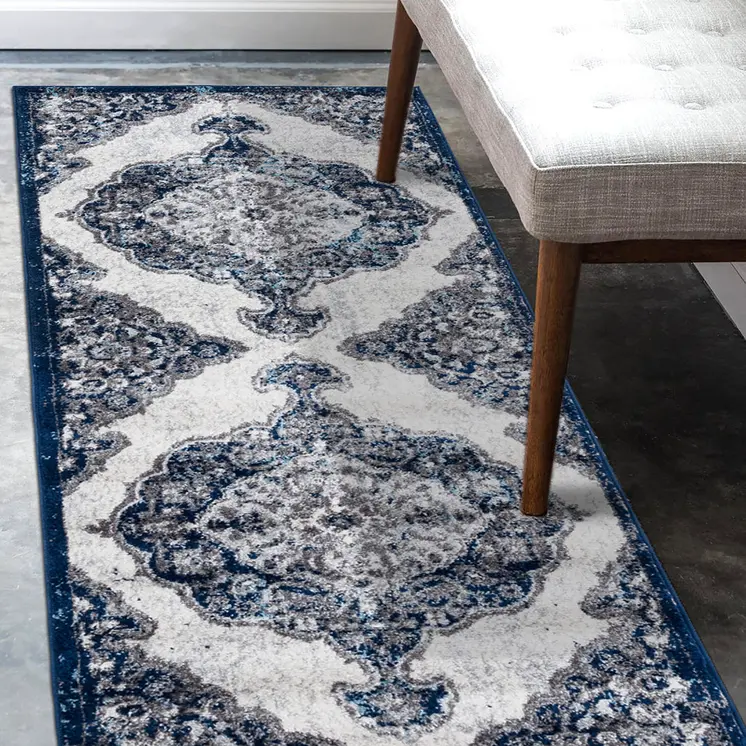 6' Navy and Ivory Medallion Power Loom Runner Rug