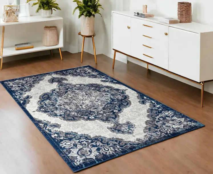 4' X 6' Navy and Ivory Medallion Power Loom Area Rug
