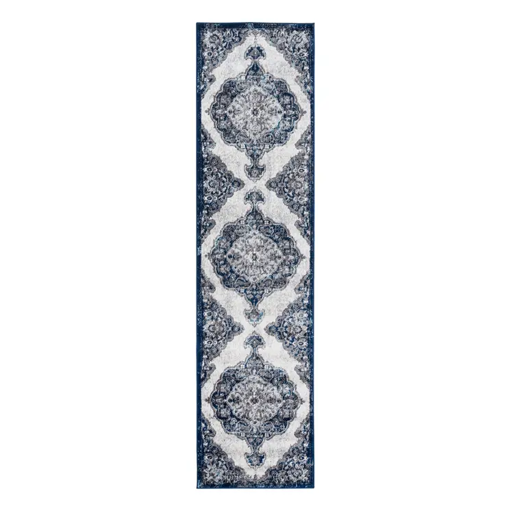 10' Navy and Ivory Medallion Power Loom Runner Rug