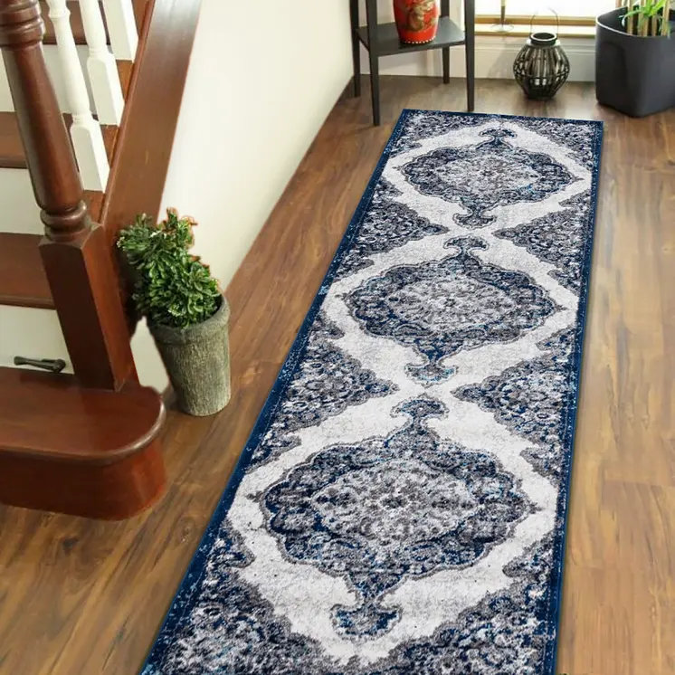 10' Navy and Ivory Medallion Power Loom Runner Rug
