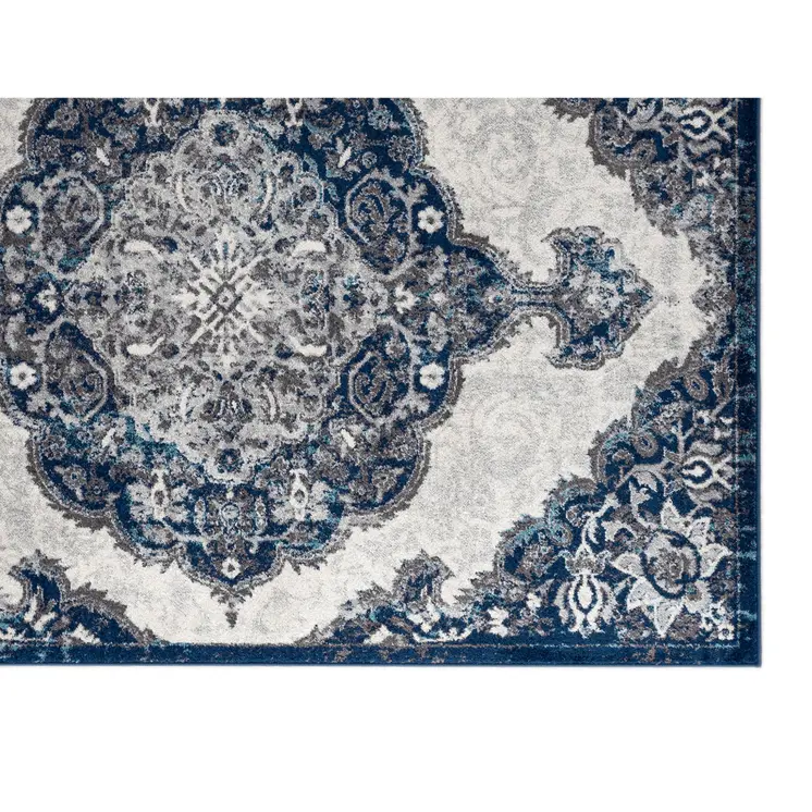 10' Navy and Ivory Medallion Power Loom Runner Rug