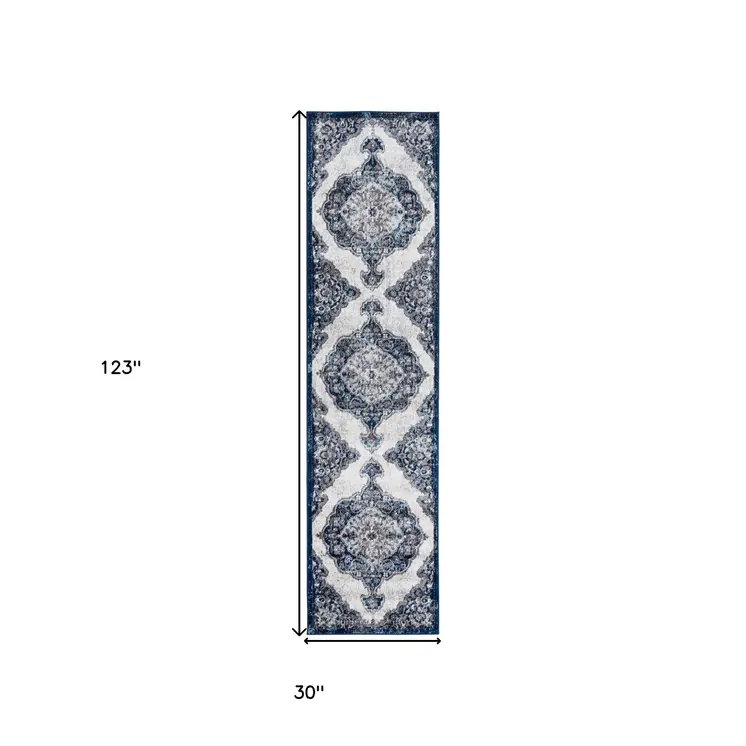10' Navy and Ivory Medallion Power Loom Runner Rug