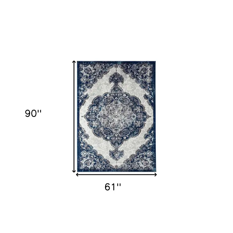 5' X 8' Navy and Ivory Medallion Power Loom Area Rug