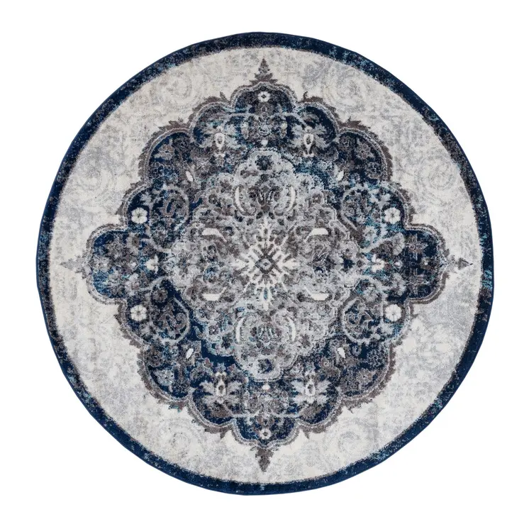 6' Navy and Ivory Medallion Power Loom Round Rug