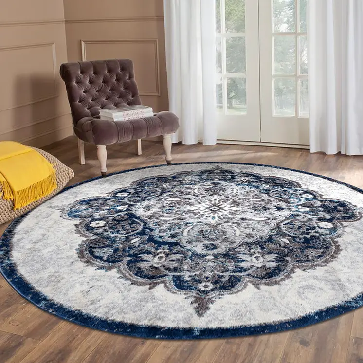 6' Navy and Ivory Medallion Power Loom Round Rug