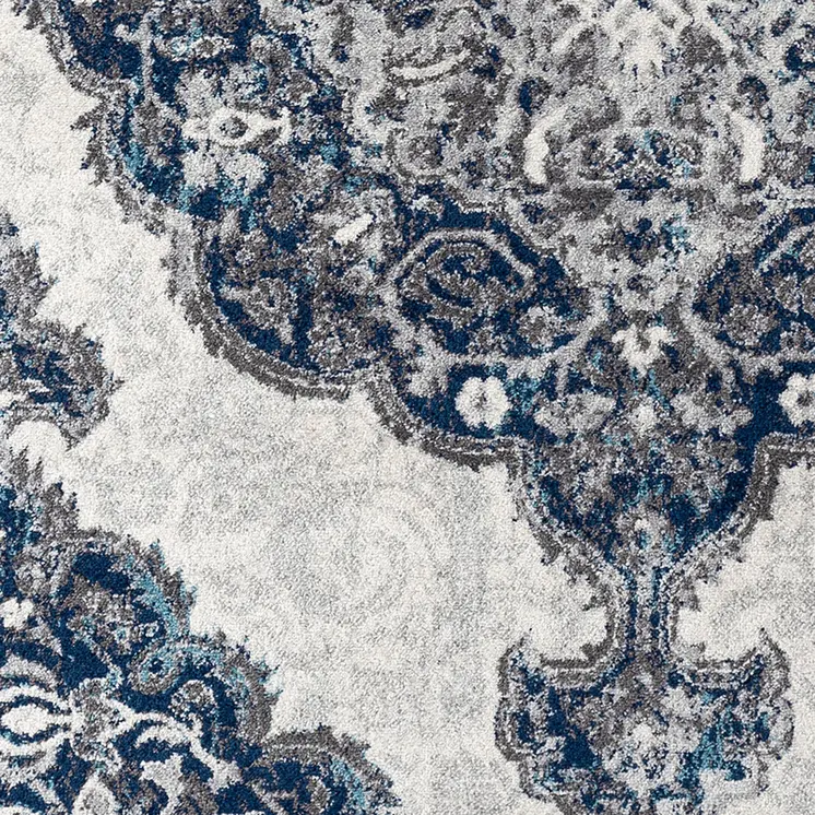 6' Navy and Ivory Medallion Power Loom Round Rug