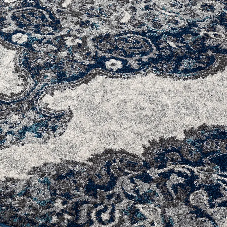 6' Navy and Ivory Medallion Power Loom Round Rug