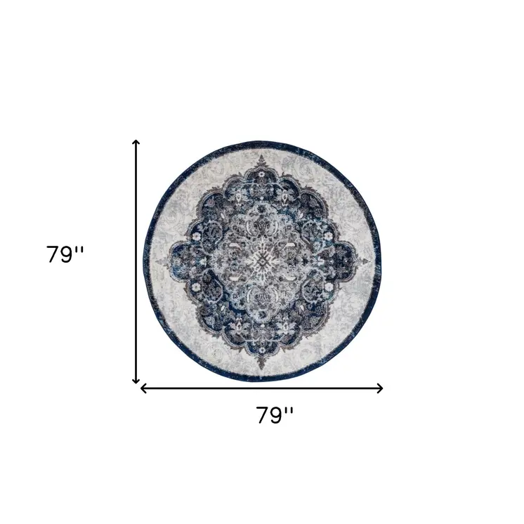 6' Navy and Ivory Medallion Power Loom Round Rug