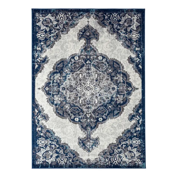 9' X 12' Navy and Ivory Medallion Power Loom Area Rug
