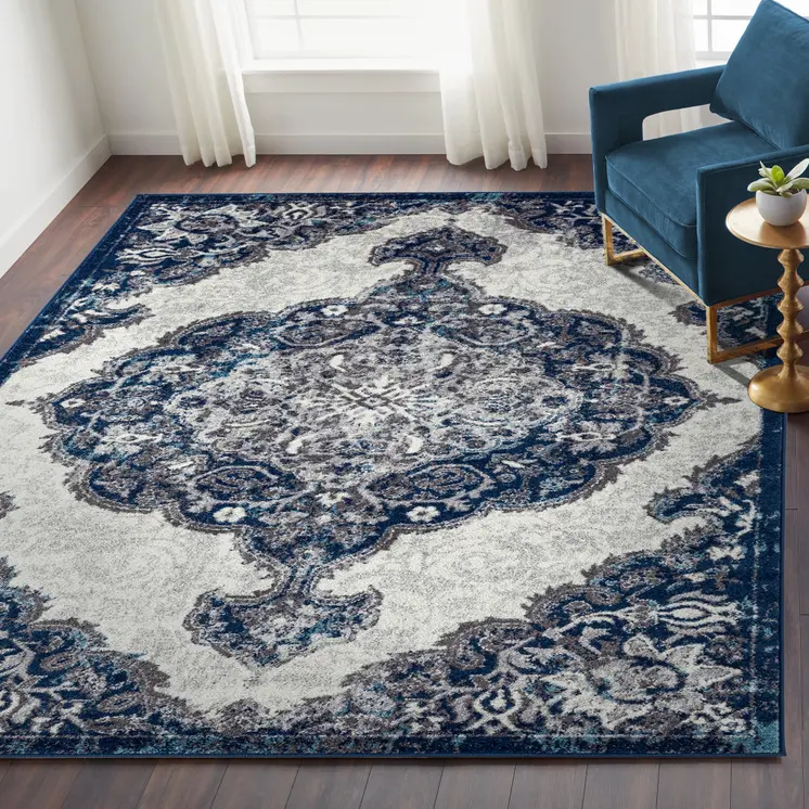 9' X 12' Navy and Ivory Medallion Power Loom Area Rug