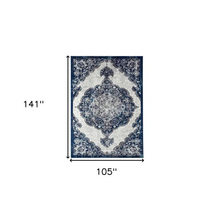 9' X 12' Navy and Ivory Medallion Power Loom Area Rug