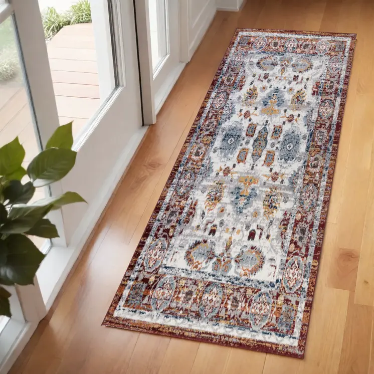 6' Ivory Brown and Orange Floral Power Loom Runner Rug