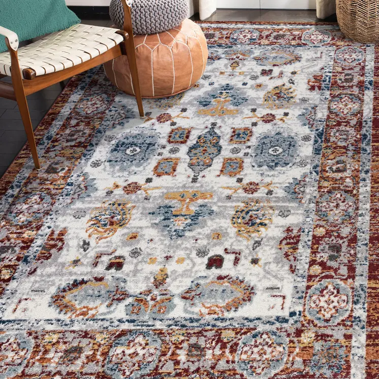 8' X 10' Ivory Brown and Orange Floral Power Loom Area Rug