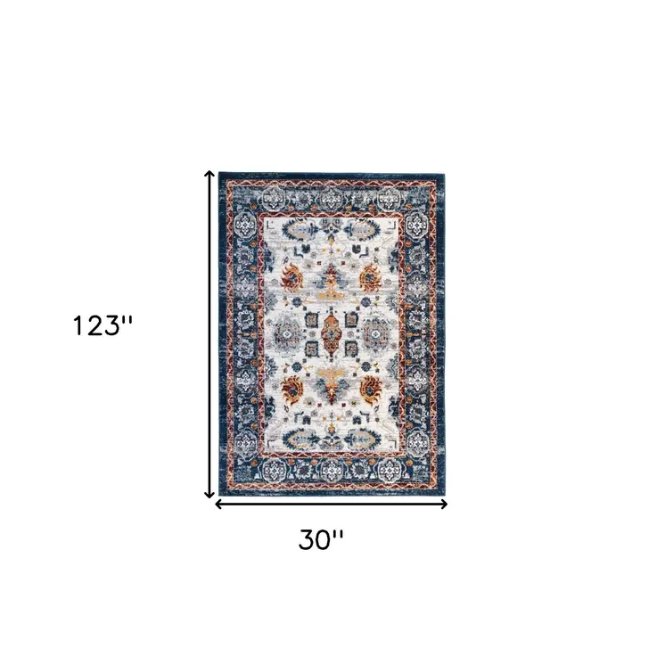 10' Ivory Navy and Orange Floral Power Loom Runner Rug