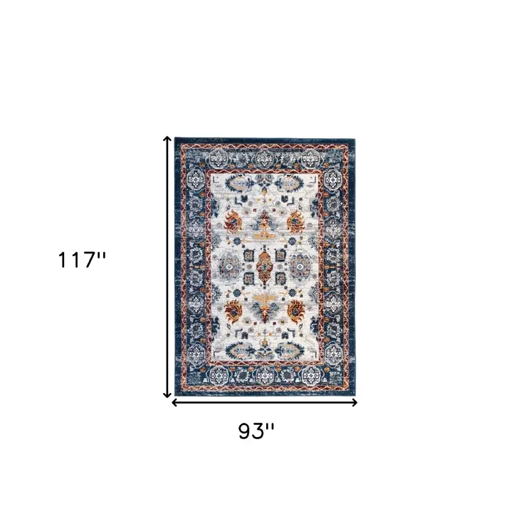 8' X 10' Ivory Navy and Orange Floral Power Loom Area Rug