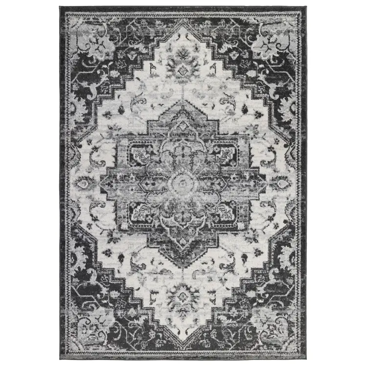 8' X 10' Ivory Black and Gray Medallion Power Loom Area Rug