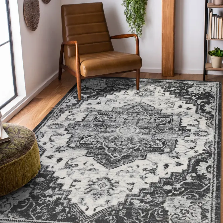 8' X 10' Ivory Black and Gray Medallion Power Loom Area Rug