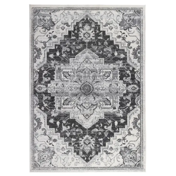 6' Gray and Dark Gray Medallion Power Loom Runner Rug