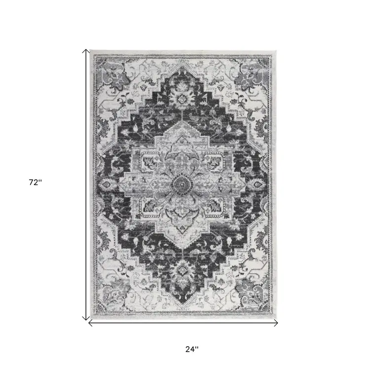 6' Gray and Dark Gray Medallion Power Loom Runner Rug