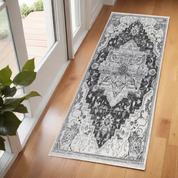 6' Gray and Dark Gray Medallion Power Loom Runner Rug