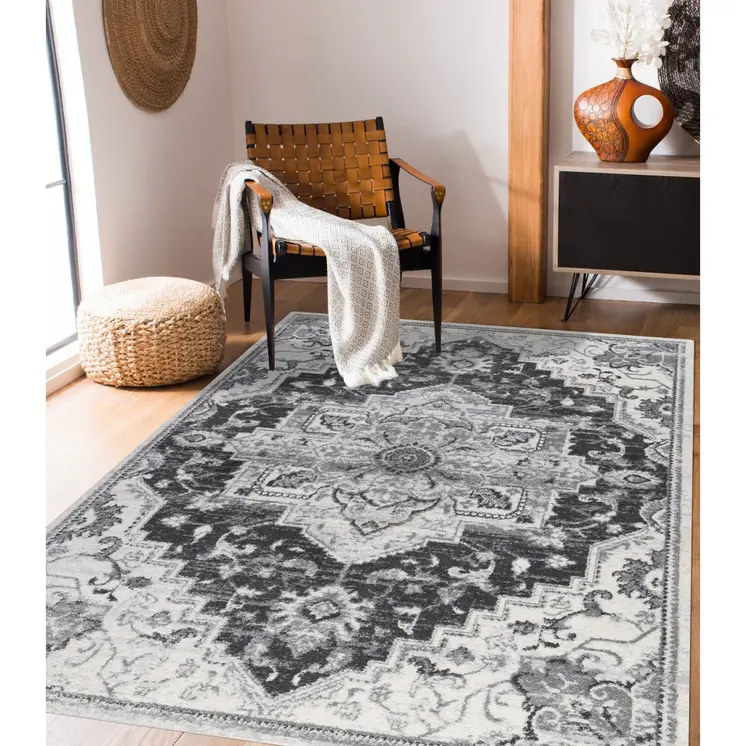 9' X 12' Gray and Dark Gray Medallion Power Loom Area Rug