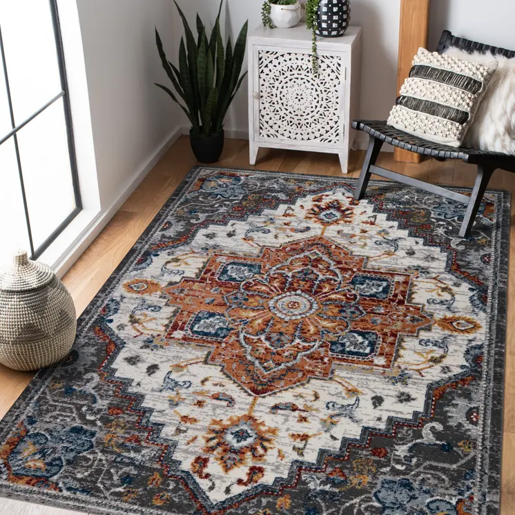 9' X 12' Gray Rust and Orange Medallion Power Loom Area Rug