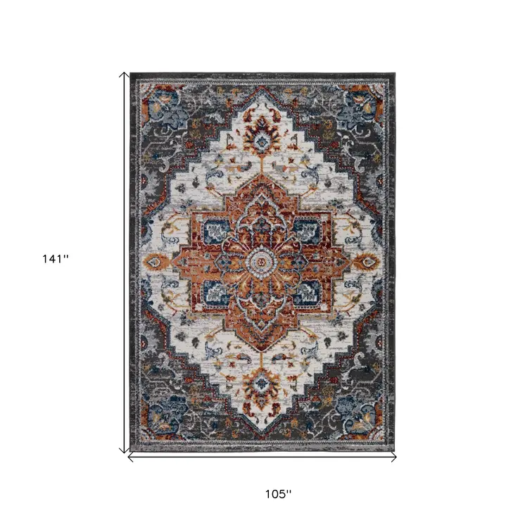 9' X 12' Gray Rust and Orange Medallion Power Loom Area Rug