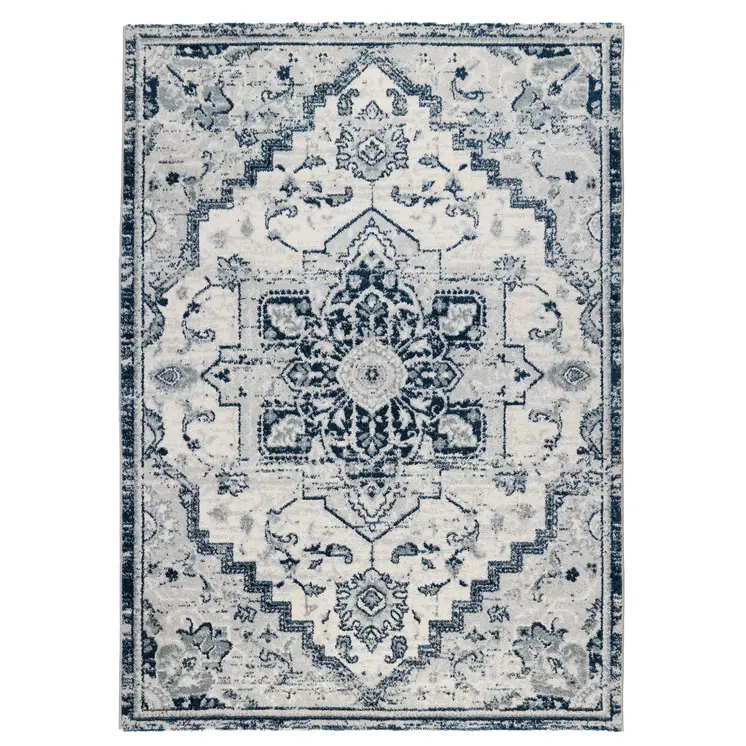 9' X 12' Navy and Ivory Medallion Power Loom Area Rug