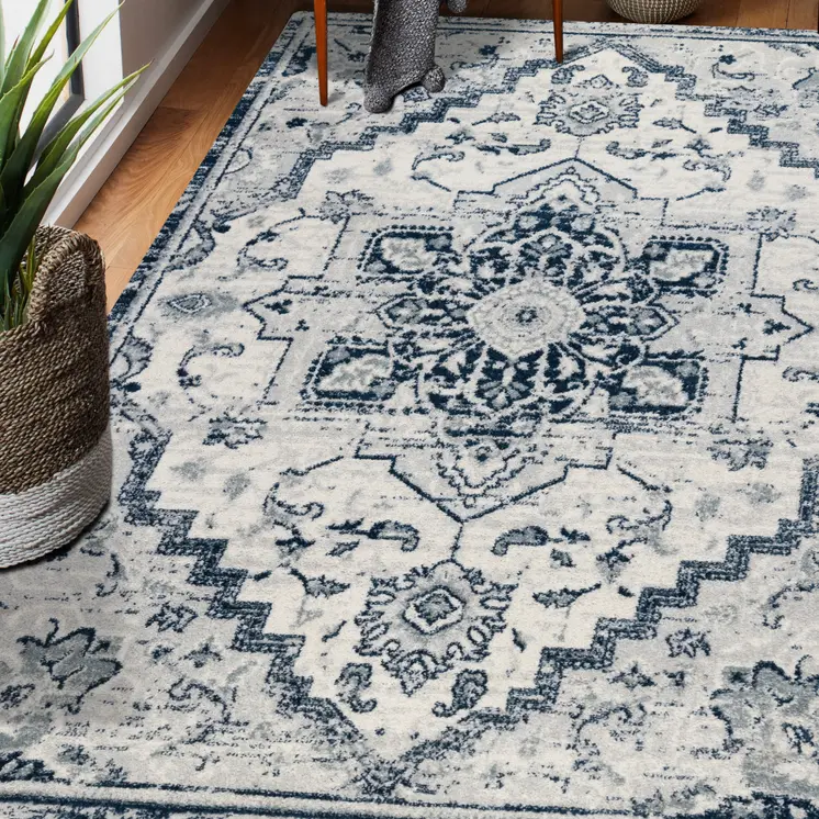 9' X 12' Navy and Ivory Medallion Power Loom Area Rug