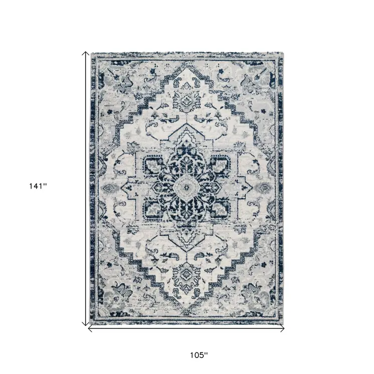 9' X 12' Navy and Ivory Medallion Power Loom Area Rug