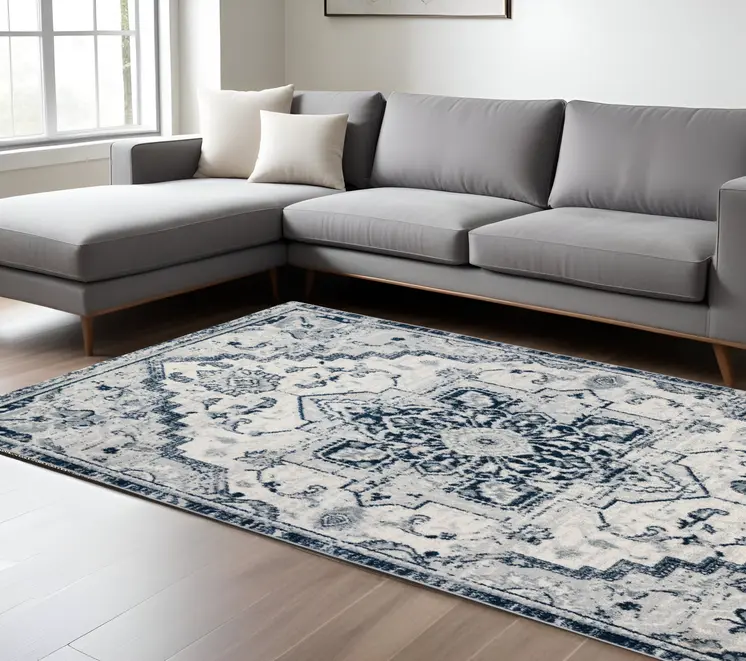 9' X 12' Navy and Ivory Medallion Power Loom Area Rug